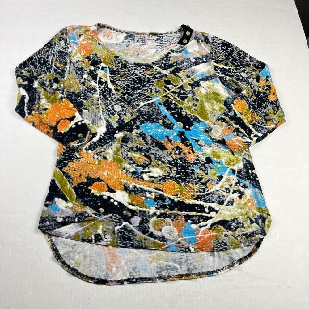 Parsley & Sage Top PM PETITE Art To Wear Abstract Print 3/4 Sleeve Boho Shirt